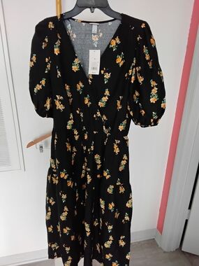 a new day Black Midi Dress with Yellow Floral Print